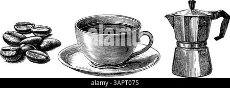 Set illustrativo di caffè vintage inciso con tazza, chicchi e foglie. Illustrazione Vettoriale