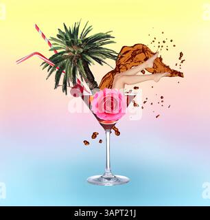 Atmosfera da festa estiva. Collage creativo con donna in un bicchiere di cocktail Manhattan, palme e rosa su sfondo colorato Foto Stock