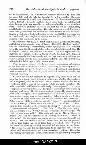 Questo lavoro discute lo studio del dottor Jules Janet su personalità multiple, concentrandosi sul caso di Blanche Witt, dove una personalità era cieca in un occhio mentre l'altra aveva una visione normale. L'ipnosi è stata usata per curare la sua condizione, anche se non è stata curata in modo permanente. È incluso anche il caso di Marceline R., con un disturbo alimentare, dimostrando sollievo temporaneo con ipnosi. Foto Stock