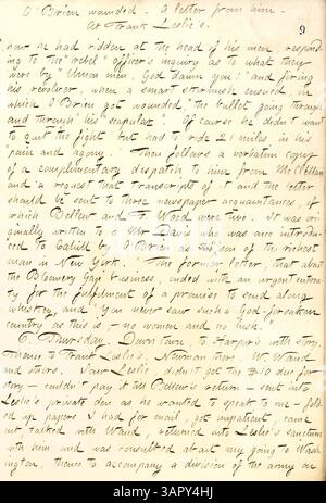 In questa voce del diario, Thomas Butler Gunn descrive una discussione con Frank Leslie riguardo al suo invio a Washington per disegnare. La voce racconta anche la storia del ferito di Fitz James o'Brien durante una schermaglia, tra cui una lettera sulla sua esperienza e un messaggio di congratulazioni del generale McClellan. Foto Stock