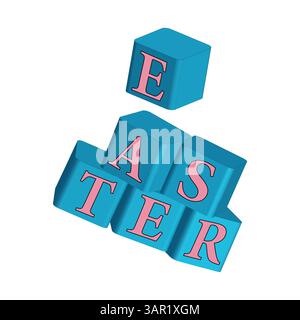 Blocchi alfabetici blu 3D con lettere di Pasqua rosa impilate insieme, con una lettera mobile sopra le altre. Disegno a colori vettoriale. Illustrazione Vettoriale