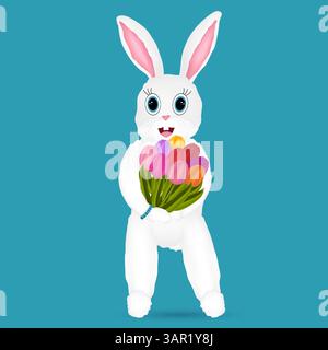Adorabile personaggio bianco antropomorfo coniglietto pasquale 3D con un vivace bouquet di tulipani, su sfondo turchese. Bellissimi fiori freschi di primavera. Illustrazione Vettoriale