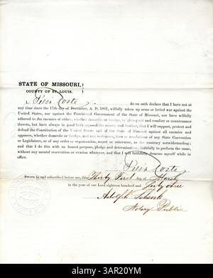 Questo giuramento di fedeltà, firmato da Felix coste della contea di St. Louis, Missouri, afferma fedeltà agli Stati Uniti e allo Stato del Missouri durante la guerra civile. I giuramenti di fedeltà erano comunemente richiesti per garantire la fedeltà al governo dell'Unione durante il conflitto. Foto Stock