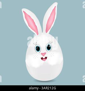 Uovo di coniglietto pasquale, personaggio 3D antropomorfo, con occhi blu, orecchie rosa e sorridente su sfondo grigio. Disegno a colori vettoriale. Perfetto per le vacanze Illustrazione Vettoriale