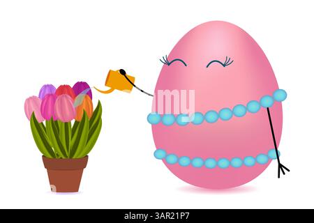 Adorabile uovo di Pasqua rosa antropomorfo in 3D con decorazioni di perline blu che innaffiano tulipani primaverili colorati in una pentola da annaffiare Illustrazione Vettoriale