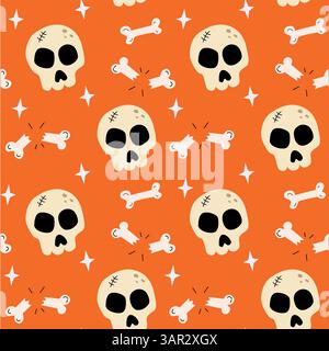 Divertente motivo di Halloween con teschi e ossa su un vivace sfondo arancione con scintille, perfetto per disegni a tema spettrale Illustrazione Vettoriale
