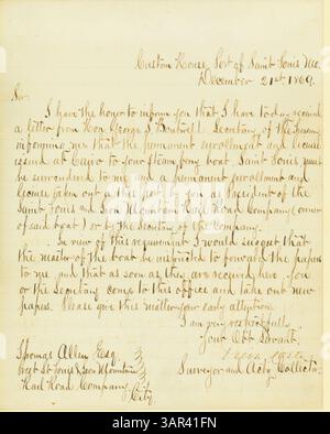 Felix coste scrive a Thomas Allen chiedendo la resa dell'attuale licenza e l'emissione di una nuova licenza per il battello a vapore St. Louis. La lettera riguarda gli aspetti operativi del settore ferroviario e dei battelli a vapore durante il periodo. Foto Stock