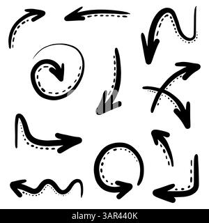 Le frecce vettoriali sono disegnate a mano con molti oggetti da collezione all'interno Illustrazione Vettoriale