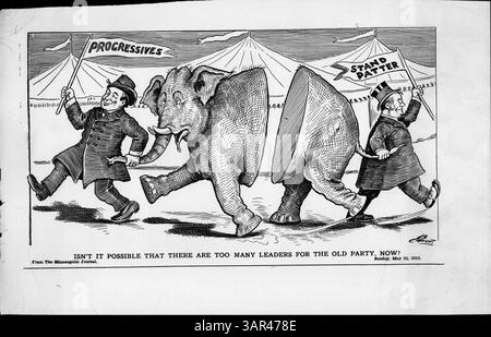 Questa immagine raffigura la divisione all'interno del Partito Repubblicano durante un evento politico, con due figure che simboleggiano le fazioni in conflitto. Un uomo fa oscillare un ciondolo progressivo, che rappresenta l'ala più liberale, mentre l'altro fa oscillare un pendente Stand Patter, che simboleggia l'ala conservatrice. La metafora visiva della divisione dell’elefante repubblicano riflette le lotte interne del partito. Foto Stock