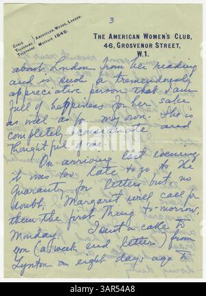 La lettera di Sara da Londra a Ernst, scritta il 10 luglio 1927, trasmette la sua felicità nel tornare in città, descrivendo il clima piacevole e il viaggio tranquillo. Riflette sul suo tempo in Francia ed esprime il desiderio che Ernst veda Londra con lei. Foto Stock