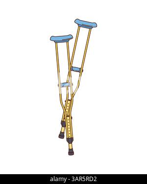 Coppia goffrata cartoni animati di stampelle regolabili con braccioli blu e punte in gomma, utilizzata per il supporto della mobilità durante il recupero di lesioni. Strumento di medicina vettoriale isolato evidenzia un tema medico e funzionale Illustrazione Vettoriale