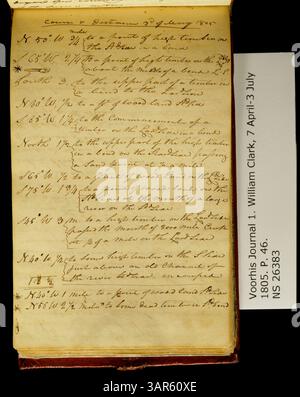 Una voce della Clark Family Collection, volume 1, Voorhis Journal No. 1, datata 3 maggio 1805, che documenta il percorso e la distanza percorsa in quel giorno. Il giornale fornisce informazioni storiche sui viaggi e le esplorazioni dei primi anni del XIX secolo. Foto Stock