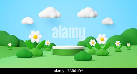 Palcoscenico per bambini con prato e fiori. scena di cartoni animati vettoriali 3d con margherite, cespugli morbidi e nuvole soffici sotto un cielo blu brillante. Esposizione di prodotti per bambini, promozioni primaverili, presentazioni naturalistiche Illustrazione Vettoriale