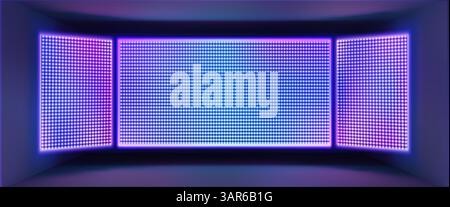 Display a parete con schermo a LED illuminato da una brillante luce sfumata viola e blu - ampio pannello per cartelloni digitali vuoto, mockup pubblicitario vuoto. Background tecnologico astratto al neon. Illustrazione Vettoriale