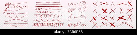 Set di linee di evidenziazione e contrassegni a croce disegnati a mano - vari tratti, sottolineature e scarabocchi rossi. Elementi artistici fiorenti, Swoosh calligrafici, segni x per modificare i segni nel documento. Illustrazione Vettoriale