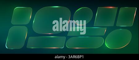 Cornici in vetro verde neon brillante su sfondo scuro: Forme rettangolari arrotondate diverse, bordi brillanti, elementi di design digitali futuristici per ui, banner o titoli. Set di modelli geometrici vuoti. Illustrazione Vettoriale