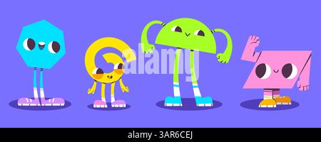 Illustrazione geometrica a forma di doodle - simpatici personaggi astratti con espressioni del volto sorridenti. Colori brillanti stilizzati forme geometriche semplici con braccia e gambe per il design di poster per bambini Illustrazione Vettoriale