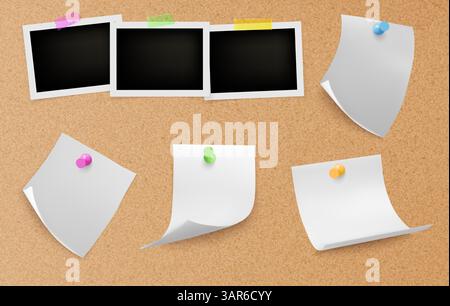 Sfondo con struttura in sughero con cornici fotografiche istantanee vuote bloccate, note di carta arricciate, spille colorate. Bacheca per annunci, promemoria e messaggi. Spazio sul cordoncino per aggiungere le immagini. Illustrazione Vettoriale