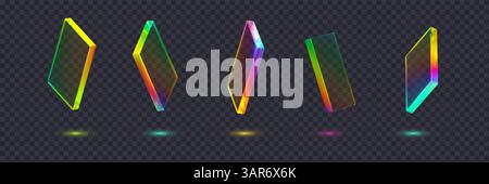 Set di cubi o forme astratte trasparenti 3d con effetto di dispersione. Vetro riflettente colori arcobaleno. Illustrazione Vettoriale
