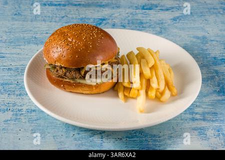 Hamburger di cavolo a cottura lenta con patatine fritte su un piatto di porcellana bianca Foto Stock
