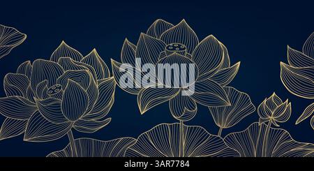 Illustrazione in oro vettoriale su fiori di loto con linea blu. Carta da parati giapponese astratta, ornamenti di lusso floreali naturali, sfondo fiorito. Illustrazione Vettoriale