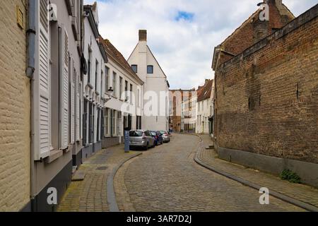 Una stretta e tortuosa strada acciottolata nella storica Bruges, Belgio, fiancheggiata da case tradizionali e auto parcheggiate sotto un cielo nuvoloso. Foto Stock