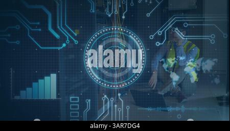 Immagine della scansione dell'oscilloscopio e della scheda di circuito del computer su un tecnico IT da parte dei server informatici Foto Stock