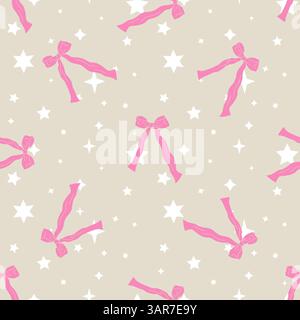 Motivo senza cuciture con simpatici nodi e stelle rosa disegnati a mano. Una bella carta da parati retrò. Sfondo romantico vintage Illustrazione Vettoriale