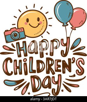 Buona giornata dei bambini. Biglietto d'auguri per la giornata dei bambini con palloncini e sole sorridente che scatta foto. Illustrazione Vettoriale