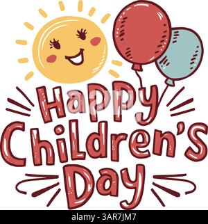 Buona giornata dei bambini. Biglietto d'auguri per la giornata dei bambini con palloncini e sole sorridente. Illustrazione Vettoriale