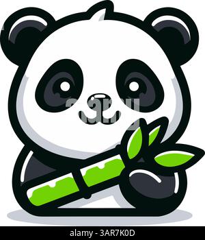 Flat Vector simpatico personaggio di Panda con bambù. Divertente e sorridente Panda Bear in vista frontale Illustrazione Vettoriale