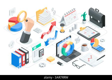 set vettoriale isometrico di icone sull'argomento dell'analisi aziendale, a colori su sfondo bianco, grafici e diagrammi su carta e un notebook, oltre a un Illustrazione Vettoriale