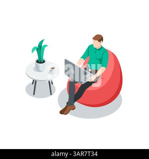 uomo vettoriale isometrico con un laptop seduto su una sedia beanbag, a colori su uno sfondo bianco, che lavora in un ambiente confortevole da remoto o da tirocinante Illustrazione Vettoriale