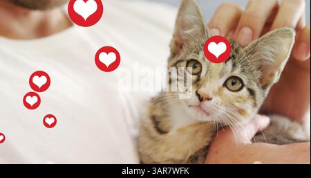 Più icone del cuore fluttuano contro la sezione centrale di un uomo che gioca con il suo gattino Foto Stock