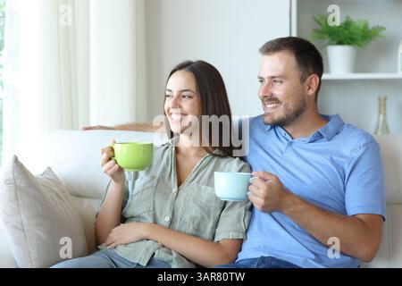 Coppia felice che si rilassa seduto su un divano bevendo un tè a casa Foto Stock