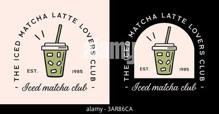 Iced matcha latte Lovers club Fancy retro verde tè estetico citazioni badge adesivo ragazza camicia design logo sano fresco naturale stampa girlie benessere. Illustrazione Vettoriale