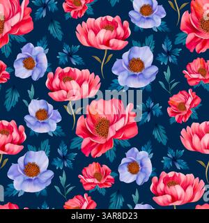 Motivo di fiori senza giunture. Illustrazione floreale acquerello su sfondo Navy Foto Stock