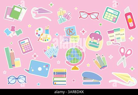Colorata collezione di materiali Back-to-School per progetti creativi e illustrazioni vettoriali Illustrazione Vettoriale