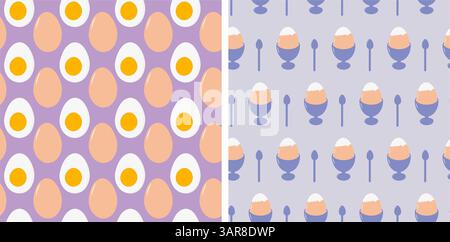 Uovo beige e metà uovo sodo con tuorlo parzialmente sbucciato uova sode sode senza cuciture. Illustrazione vettoriale isolata sfondo avvolgimento menu tematico schede ricette, banner promozionale, opuscoli Illustrazione Vettoriale