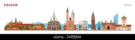 Cracovia, città della Polonia, edifici storici famosi, illustrazioni vettoriali di viaggi e turismo. Illustrazione Vettoriale