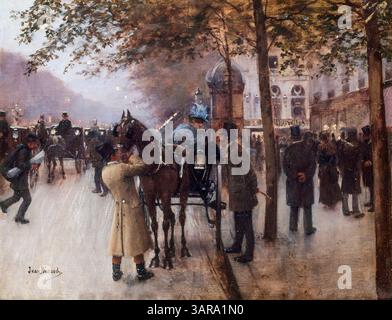 Jean Beraud, le Boulevard des Capucines, le soir, devant le Café Napolitain, (Parigi), (Boulevard des Capucines la sera di fronte al Café Napolitain,), pittura ad olio su tela, circa 1880 Foto Stock