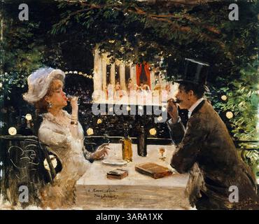 Jean Beraud, Dîner aux Ambassadeurs, (Parigi), (cena all'Ambassadors Café), pittura ad olio su tavola, 1880 circa Foto Stock