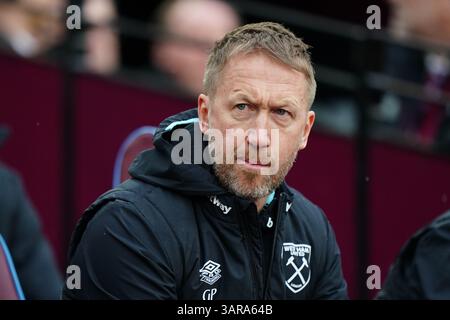 Foto del file datata 15-02-2025 del manager del West Ham United Graham Potter, che spera che Michail Antonio tornerà presto alla formazione, ma non è stato in grado di offrire alcuna assicurazione su un nuovo contratto per l'attaccante. Data di pubblicazione: Giovedì 17 aprile 2025. Foto Stock