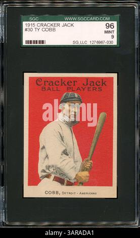 1° maggio 2011 - Laguna Niguel, California, Stati Uniti - l'asta di aprile di SCP ha stabilito prezzi record per alcuni pezzi rari di cimeli sportivi, tra cui una carta Cracker Jack del 1915 di Ty Cobb ($60.667). (Immagine di credito: © SCP Auctions/ZUMAPRESS.com) Foto Stock