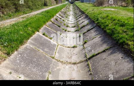 canale delle acque reflue essiccato dopo un lungo periodo di siccità Foto Stock