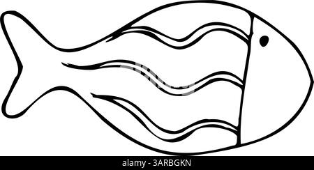 Piccoli pesci rotondi di forma semplice con motivi rustici. Grafica a linee disegnata a mano sul tema del mare e della pesca in inchiostro bianco e nero. Separato Illustrazione Vettoriale