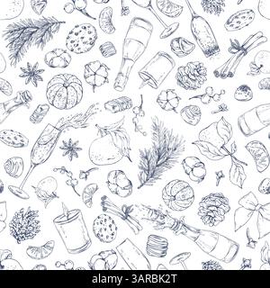 Collezione natalizia con mandarini, dolci, spezie, champagne e piante. Illustrazione grafica disegnata a mano con inchiostro nero. Vettore EPS pattern senza cuciture. Illustrazione Vettoriale