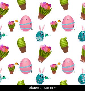 Motivo senza cuciture con personaggi antropomorfi in 3d con uova di famiglia felici che innaffiano fiori con lattina da annaffiare, tulipani, piante in vaso, cactus e Illustrazione Vettoriale