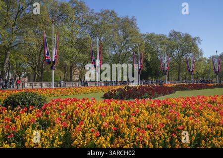 Londra Regno Unito 17 aprile 2025. I turisti camminano al sole primaverile passando davanti alle aiuole di Buckingham Palace piene di tulipani e semi di colza i le previsioni sono per il tempo instabile con forti piogge durante il fine settimana di Pasqua in tutta l'Inghilterra e WalesCredit Amer Ghazzal/Alamy Live News Foto Stock