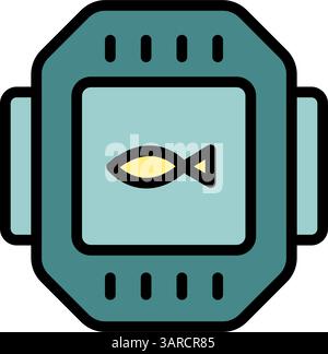 Icona a colori ecoscandaglio pesca. Segnale piatto del rilevatore di pesci. Attrezzature per pescatori. Un modo per trovare i pesci. Pesca efficiente. Illustrazione vettoriale isolata su bianco. Illustrazione Vettoriale
